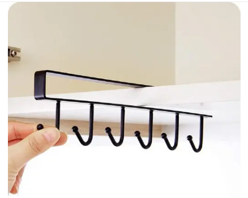 Stainless Steel, Metal Hanger Under Shelf Coffee Mug Cup Holder Rack Organizer Stand for Kitchen Counter, Cabinet, Table with 6 Hooks