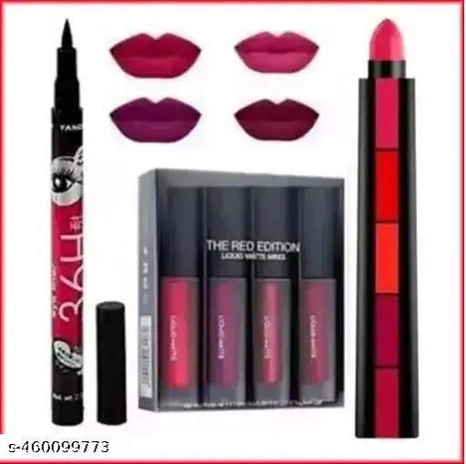 Professional Multicolor Red Edition Makeup Combo – Lipsticks, 36H Waterproof Eyeliner & 5-in-1 Lipstick Set