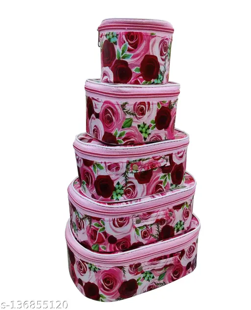 SPMART Set of 5 Rose Printed Vanity Boxes – High-Quality Makeup & Jewelry Storage Case (Maroon)