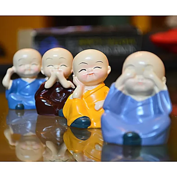 Buddha Monk Set of 4 Statues – Charming Mini Figurines Perfect for Home Decor, Car Dashboards, or Office desks, Ideal as Thoughtful Gifts or Elegant Tabletop Accents. - Image 4