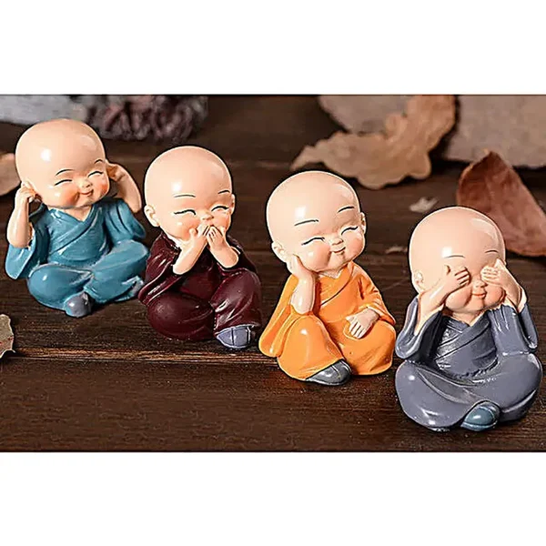 Buddha Monk Set of 4 Statues – Charming Mini Figurines Perfect for Home Decor, Car Dashboards, or Office desks, Ideal as Thoughtful Gifts or Elegant Tabletop Accents. - Image 2