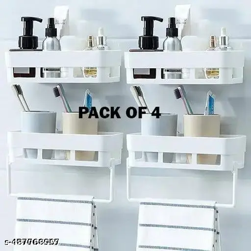 (4 PC Bathroom shelf ) Adhesive Sticker Multipurpose Wall Mount Bathroom Shelf and Rack for Home and Kitchen. Self-Adhesive Sticker Hooks Support Without Drilling Bathroom Organizer ( Whitecolor-4 Bathroom Shelf + 2 Towel Hanger)