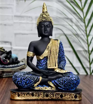 Sitting Handmade Blue and Gold Meditating Buddha for Mindful Spaces Buddha Idol Statue Showpiece for Homedecor Decoration Gift Gifting Items (Polyresin)