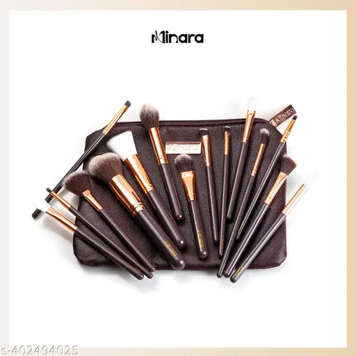 Minara Beauty 15-Piece Professional Makeup Brush Set with Premium Leather Pouch (Brown)