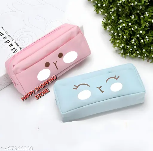 New Kids Designer Pencil Case Multi-Pocket Pencil Pouch for Girls & Boys for School Polyester Pouch with 3 Zippers for Office, Pen Case Birthday Gift for Kids .(Set of 2, Blue, Pink)