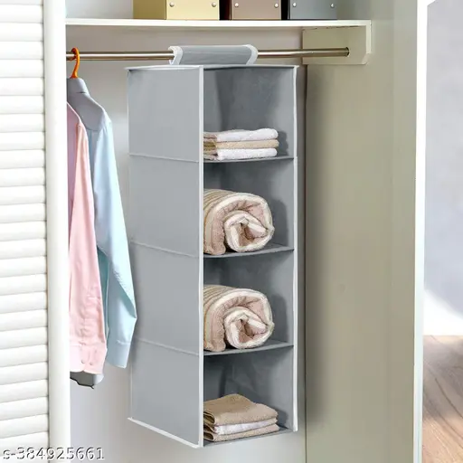 INFINITY CRAFT 4 Shelf Closet Hanging Organizer, 4 Tier Closet Wardrobe Organizer Clothes Storage Hanger for Family Closet Bedroom, Foldable and Universal Fit (GREY)