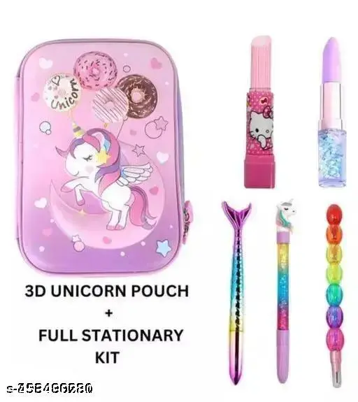 Pink Unicorn Hard Pouch Combo – 6 Pcs School Stationery Return Gift Set For Kids – 1 Pink Donut Unicorn 3D Hard Pouch, 1 Mermaid Fancy Pen, 1 Unicorn Glitter Gel Pen, 1 Lipstick Shape Gel Pen, 1 Lipstick Type Eraser, 1 Stone Pencil For Birthday Gift Set | Full Stationary Kit for Kids (Pack of 6)