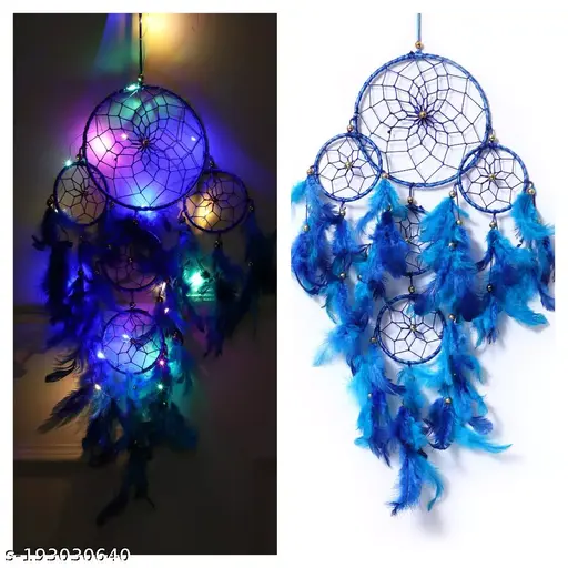 Good Aura Store Handmade Dream Catchers With Light Wall Hangings For Home Decor Kids Room Bedroom Livingroom Balcony Positivity Feathers Dreamcatcher Wall Decorations Gift Items(Pack of 1, 15LX71Hcm, Blue)