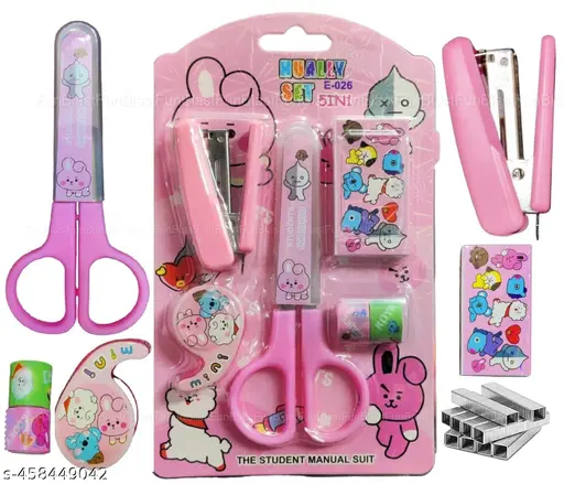 Cartoon Stationery Set– Kawaii Stapler, Scissor, Washi Tape for Office, School, Home, Portable Mini Size Stapler,400 Staples Blister, Stapler Machine for Paper mix colour yellow, pink, purple, Blue