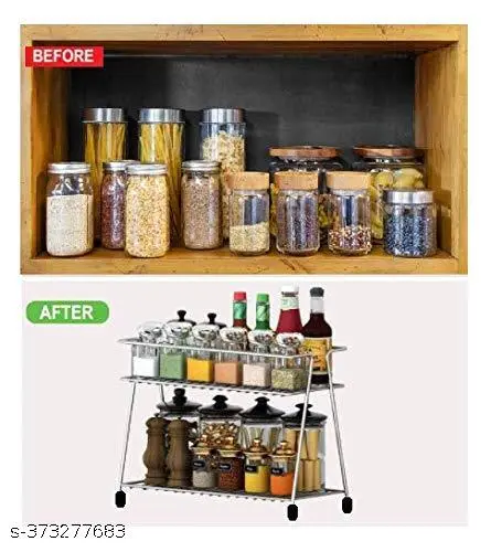 Stainless Steel 2-Tier Kitchen Rack and Organizer Spice Rack and Container Organizer, Utensils Dishes Spices Jar holder rack and cup and glass holder (2 Layer Spice Rack) Sliver