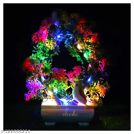 MODO Artificial Bonsai Green Tree with Light & Sparrow – ‘Living Room’ Dining Table Decor |Home,Office Party Decor |Speacial Ocassion Indoor Decor | Festival Theme Decorative Gift for DIWALI & Couple – 23.5 CM – Red & Multi