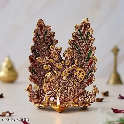 Radha Krishna Standing Playing Flute Metal Statue Gold Antique Finish For Pooja & Home Office Decorative Radha Krishna Murti Showpiece Figurines Religious Idol Gift Article