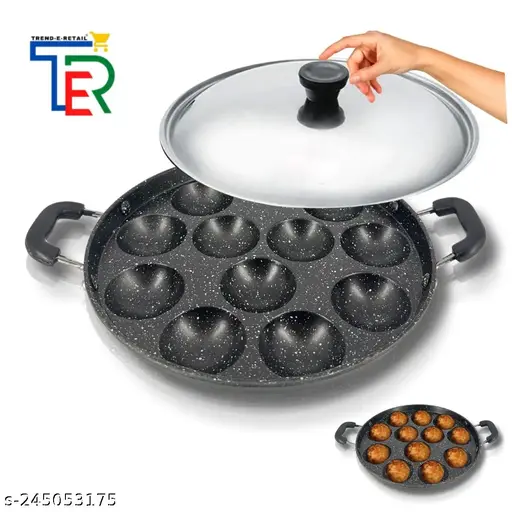 TRENDY 12 Cavities Non Stick Appam Patra with Lid and Side Handle/ kulipaniyaram pan nonstick/ appe/panniyaram kadai/Paniyaram/Appam Pan/Appam Maker/appam kadai/idali Maker/idli Pan kadai/litti maker Paniarakkal with Lid Paniarakkal with Lid 0.5 L capacity 23 cm diameter (Aluminium, Non-stick)