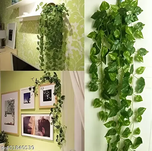 (7 Feet) (Set of 5 String) 30 Leave in one String Artificial Garlands Money Plant Hanging Leaves Greenery Vine Creeper Plants for Home Decor Main Door Wall, Balcony, Office, Decoration Party & Festival Craft