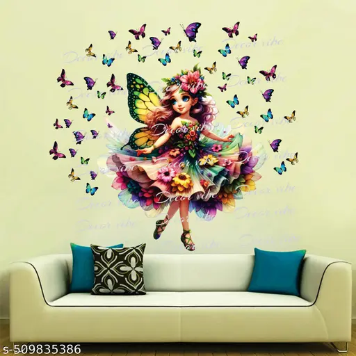Trendy Fairy Surrounded by Colorful Butterflies in Bright Artistic Scene Wall Decoration Home Decor Wall sticker Multicolor ( ideal size on wall: 30 x 25.5 Icnh )