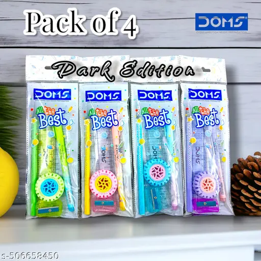 Doms All the Best Kit | Pack of 4 | Gift for Students with 1 Pen, 1 Pencil, 1 Sharpener, 1 Scale, 1 Tyre Eraser