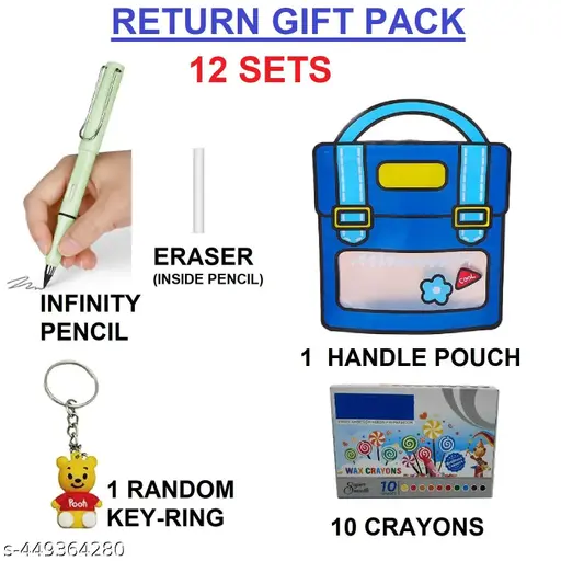 12 Sets – Random Color | Cute Stationery Gift Set for Kids | 1 Handle Zip Lock Pouch + 1 Infinity Pencil + 1 Eraser (Inside Pencil) + 10 Color Crayons + 1 Key Chain | Return Gift Set for Boys and Girls Festivals Gift | Birthday Gift Ideal for Navratri Kanjak Gifts | Kanya Pujan Gift Set Item