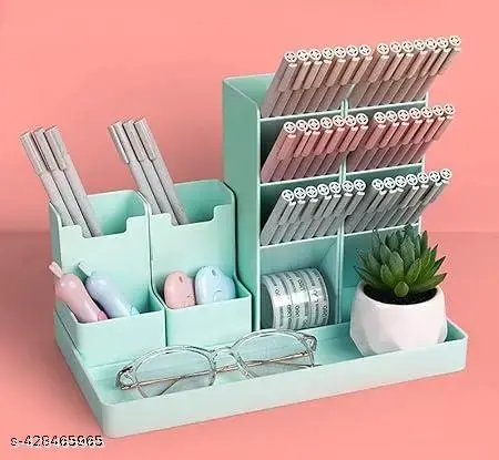 “Plastic Pen Pencil Holder for Desk – Cute Stationery Organizer for Home Office, School Desktop – Green Crayon Caddy Box – Art Supplies Accessory for Girls and Kids”