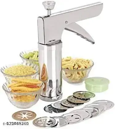 Stainless Steel Kitchen Press with 15 Different Types of Jalies, Murukku Maker/Bhujiya Maker/Noodles/Cookies/Namkeen/Chakali Maker/Sev Maker/Farsan Maker/Gathiya Maker (Silver)
